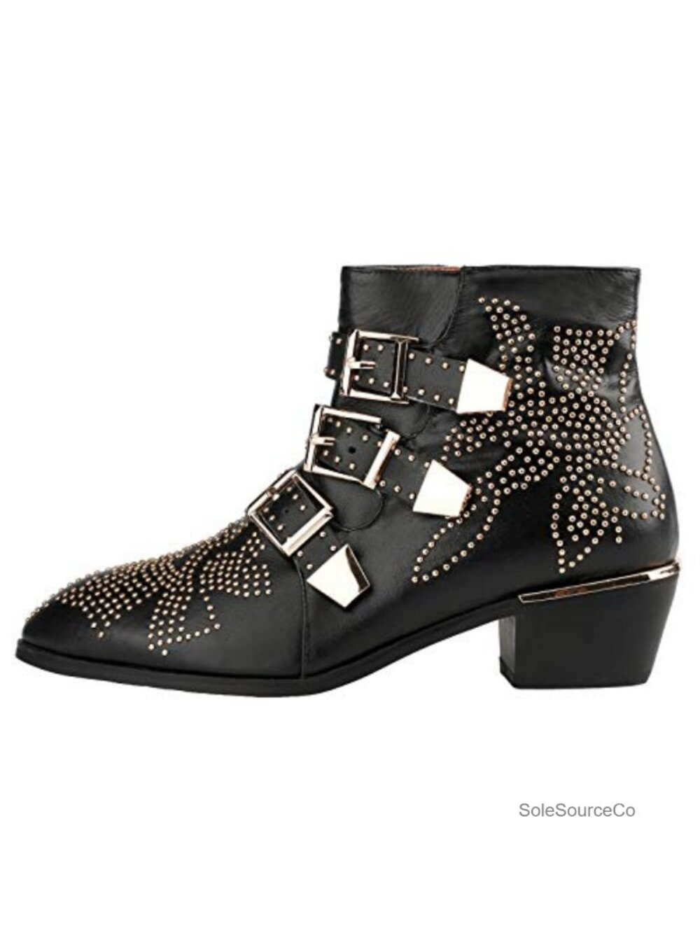 Studded Leather Ankle Boots Multiple Buckle Chunky Heel Booties